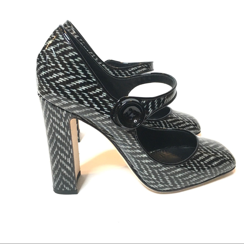 DOLCE & GABBANA Chevron Zig Zag Mary Jane Black Gray Block Heel 38 EU 7.5 US